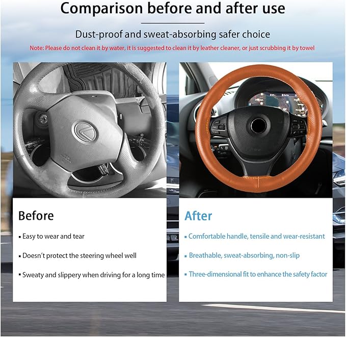 Kewucn Genuine Leather Steering Wheel Cover, 15" Universal Car Steering Wheel Protector with Needle Thread, Breathable Anti-Slip Steering Wheel Cover DIY Stitch on Wrap (Brown, Full Hole)