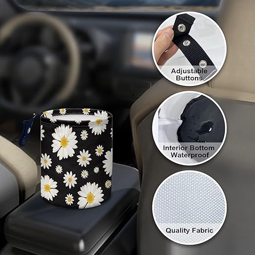 Brosoneto Cute Daisy Print Portable Car Garbage Bin Reusable Collapsible Hanging Portable Dustbin Bin Waste Basket Car Accessories Interior for Car SUV Trucks Universal