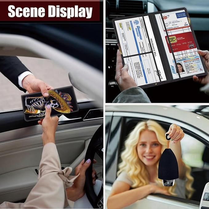 Car Registration and Insurance Holder, PU Leather Auto Document Holder for Men&Women, Vehicle Glove Box Compartment Organizer with Magnetic Shut for Driver's License, Mariachi Skull with Drink