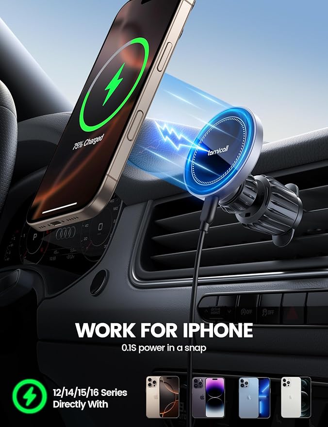 Lamicall 15W for MagSafe Car Mount Charger - [20X Strong Magnets] Wireless Car Phone Holder Charger, Magnetic Phone Holders for Car Vent Dash Accessories for Women Men for iPhone 17 Air Pro Max Silver
