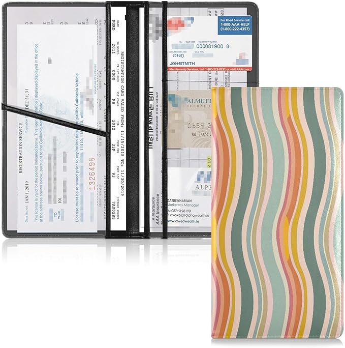 Qilmy Simple Colored Ripple Car Registration and Insurance Holder, Premium Pu Leather Vehicle Glove Box Organizer, Prefect Car Essentials Wallet for Driver License, Cards & Essential Documents776