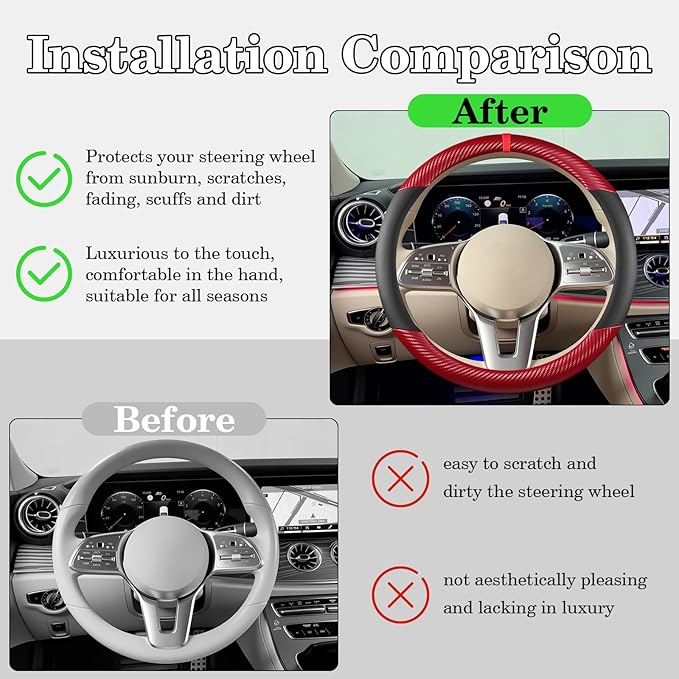 Black & Red Carbon Fiber Leather Steering Wheel Cover, Microfiber Leather, Anti-Slip, Breathable, Universal Fit for 14.5–15 in Steering Wheel Cover for Men Women