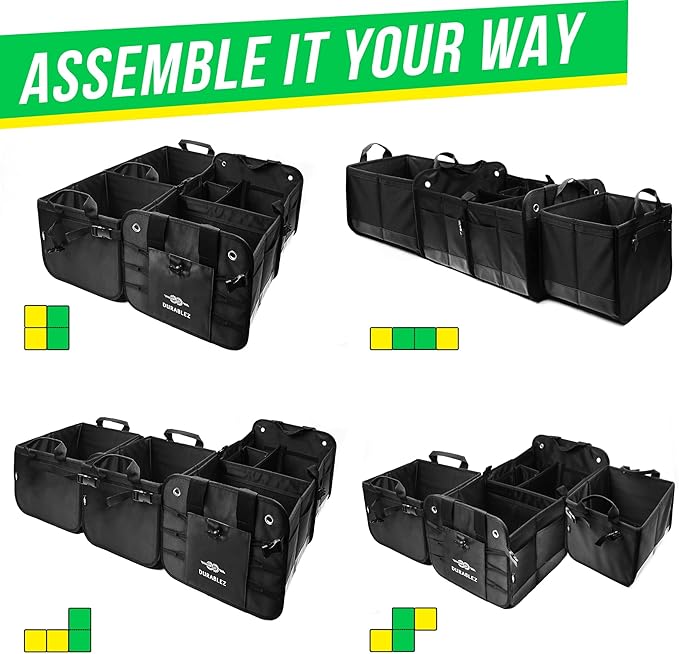 DURABLEZ Trunk Organizer 4-Section XL Modular Car Storage System – Extra Large Cargo Organizer for Car Trunk, Foldable Multi-Compartment Auto Organizer, Heavy Duty 1680D Oxford – Black