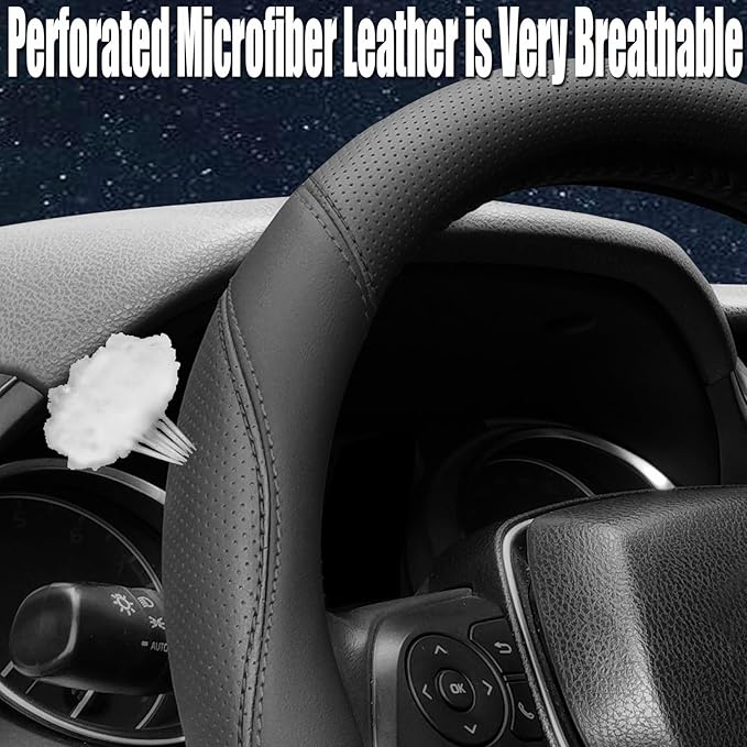 Mihecor Steering Wheel Cover Standard Size 14.5-15 inch, Breathable Microfiber Leather, Anti-Slip, Soft Grip, Fits Most Cars, SUVs, and Trucks, Black