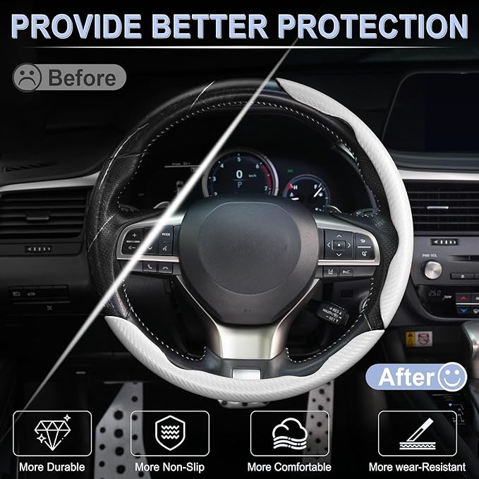 Amiss 3pcs Carbon Fiber Anti-Skid Steering Wheel Cover, Waterproof & Segmented Butterfly Design, Universal 99% Vehicle Wheel Cover Protector, Car Interior Accessories, White