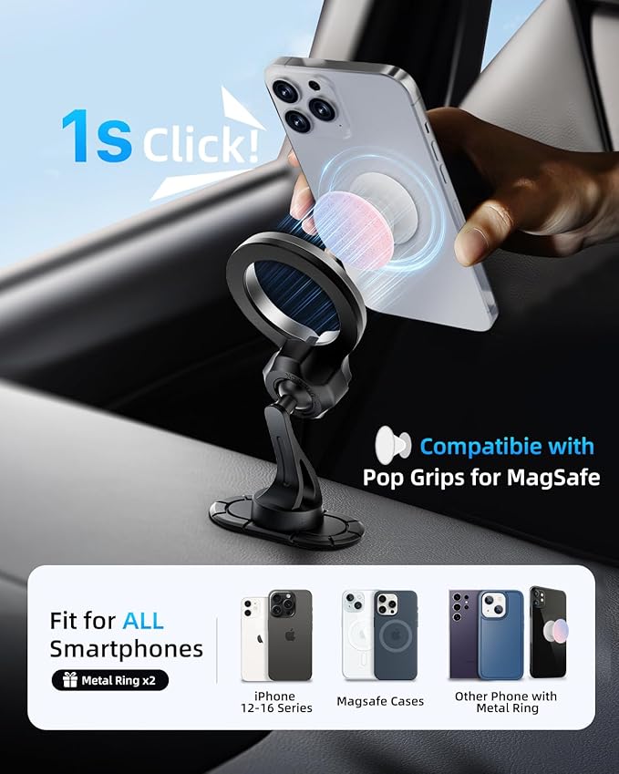 pop-tech for MagSafe Adhesive Car Mount, Strong Magnets Car Phone Holder Mount for Dashboard, 360° Rotation Magnetic Cell Phone Dash Holder Curved Fit for iPhone 16 Pro Max 15 14 13 12 Series