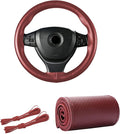 Kewucn Genuine Leather Steering Wheel Cover, 15" Universal Car Steering Wheel Protector with Needle Thread, Breathable Anti-Slip Steering Wheel Cover DIY Stitch on Wrap (Wine Red, Full Hole)