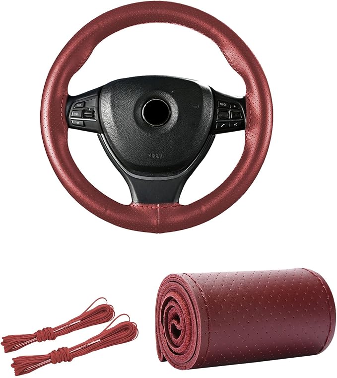 Kewucn Genuine Leather Steering Wheel Cover, 15" Universal Car Steering Wheel Protector with Needle Thread, Breathable Anti-Slip Steering Wheel Cover DIY Stitch on Wrap (Wine Red, Full Hole)