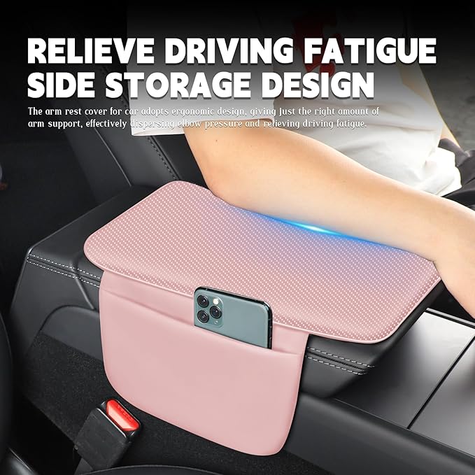 Car Armrest Cover Pad - Nappa Leather Car Center Console Cover with Breathable Holes, Non-Slip Auto Arm Rest Cushion, Universal Car Interior Accessories Fit forTesla Model Y Most Cars, SUVs (Pink)