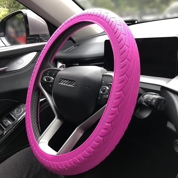 Universal Pink Steering Wheel Cover：13.5 to 15 Inches Stretchable Silicone Anti Skid Steering Wheel Protector Fit for Most Car Models Including Round D Shape or Special Shape