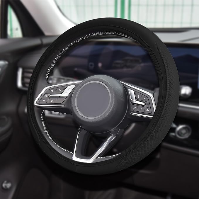 Car Steering Wheel Cover, Universal 14.5-15 Inch Black Leather Steering Wheel Wrap with Better Sport Grip for Men Women, Anti-Slip Breathable Car Interior Accessories for Most Vehicles (Black)