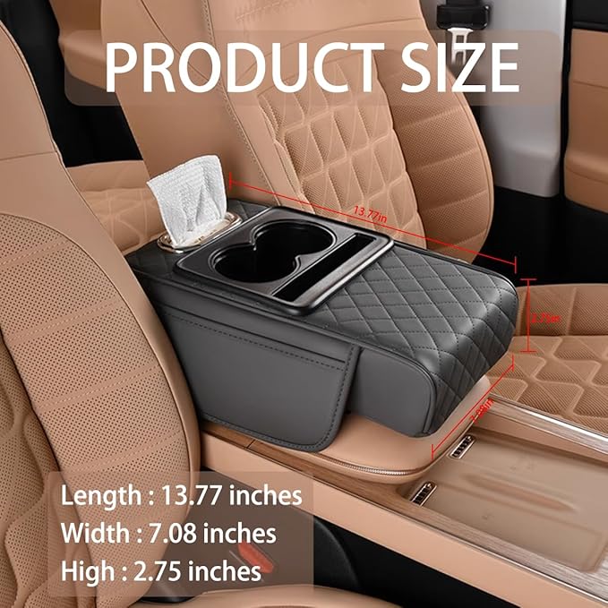 HZEL Car Center Console Cover, Leather Vehicle Armrest Cushion with Storage Bags, Cup Holder ＆ Tissue Box, Waterproof Auto Interior Arm Rest Seat Box Pad, Universal Fit (Gray)