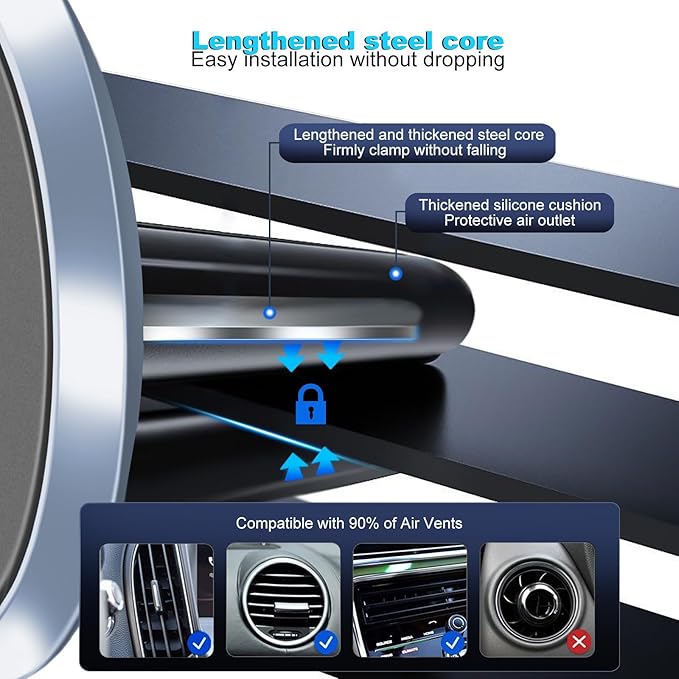 Ultra-Strong Aluminum Magnetic Phone Holder for Car [2-Pack] – Universal Air Vent Mount with 4 Metal Plates, Compatible with iPhone 16 Pro/15,14,13, Samsung, iPad & mini Tablets(Gray