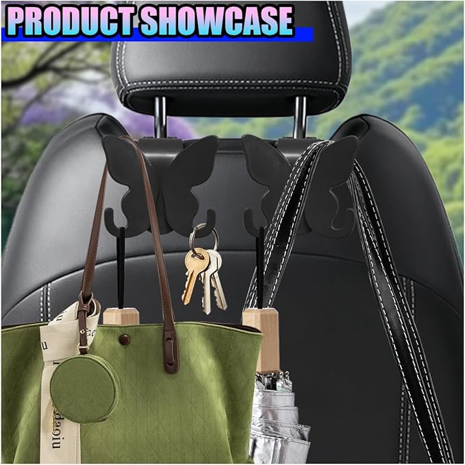 2PCS Cute Butterfly Car Seat Headrest Hook, Multifunctional Auto Interior Bag Organizer Holder, Car Back Seat Hanging Storage Double Hooks for Purse, Bag, Coat, Umbrella(Black)