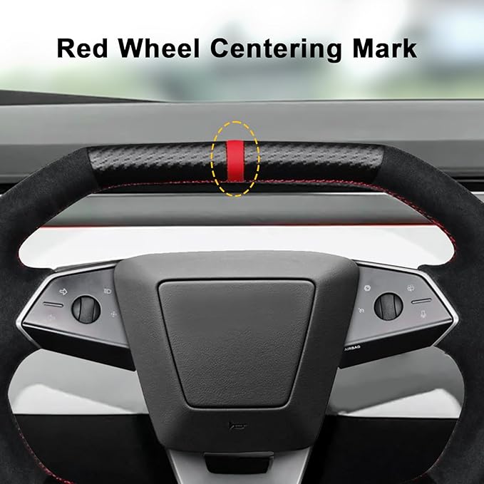 Steering Wheel Cover for Cybertruck Hand Stitching DIY Steering Wheel Cover Black with Dark Red Center Mark (Upper Lower Carbon Fiber & Alcantara Side Grips)