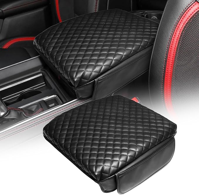 Center Console Cover for 2019-2026 Ram 1500 Center Console Cover, Armrest Cushion Pad Accessories with Side Pockets, PU Leather for 5th Ram 1500 Anti-Scratch for Ram 1500 Accessories