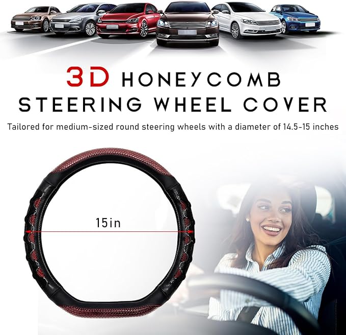 Car Steering Wheel Cover, 15 Inches 3D Honeycomb Design Car Steering Wheel Protector with Comfy Grip, Breathable Anti-Slip D-Shaped Steering Wheel Sleeve for Most Vehicles (Red)
