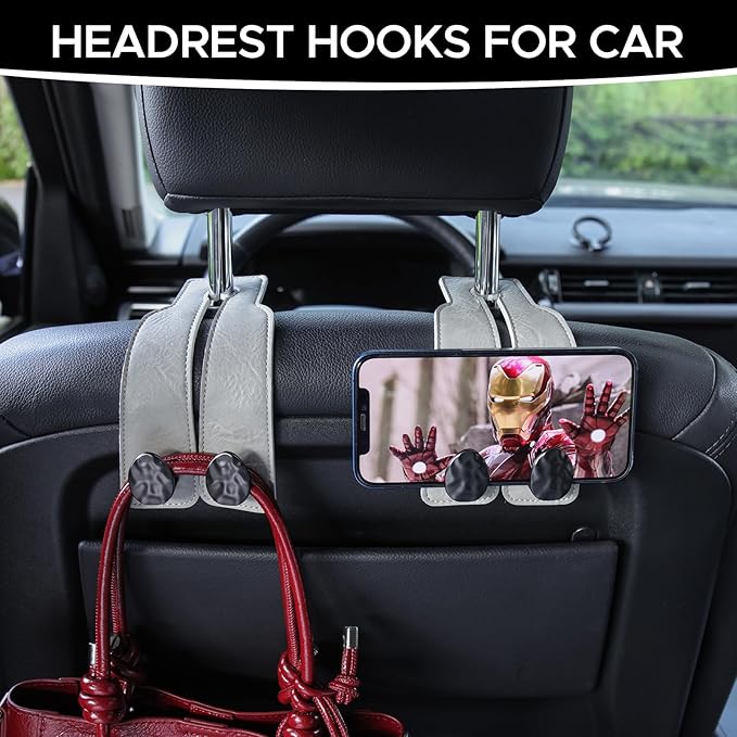 URIZZD 2PCS Leather Car Seat Hooks for Headrest, Vehicle Hanger Storage Organizer Universal for Handbag Purse, Car Accessories Gift (Grey-Black)