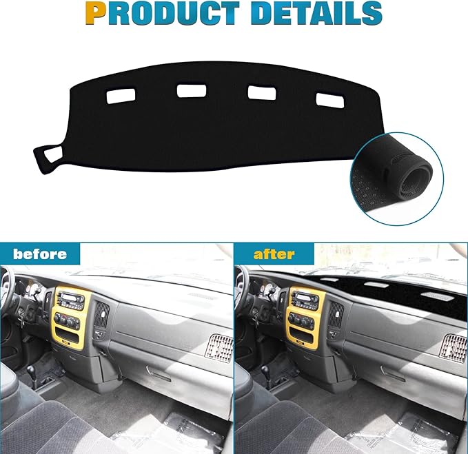 x xotic tech Dashboard Mat Cover Compatible with Dodge Ram 1500 2500 3500 2002-2005 Pre-Cut Non-Slip Sunshield Sun Glare Protector Dash Carpet Pad Black