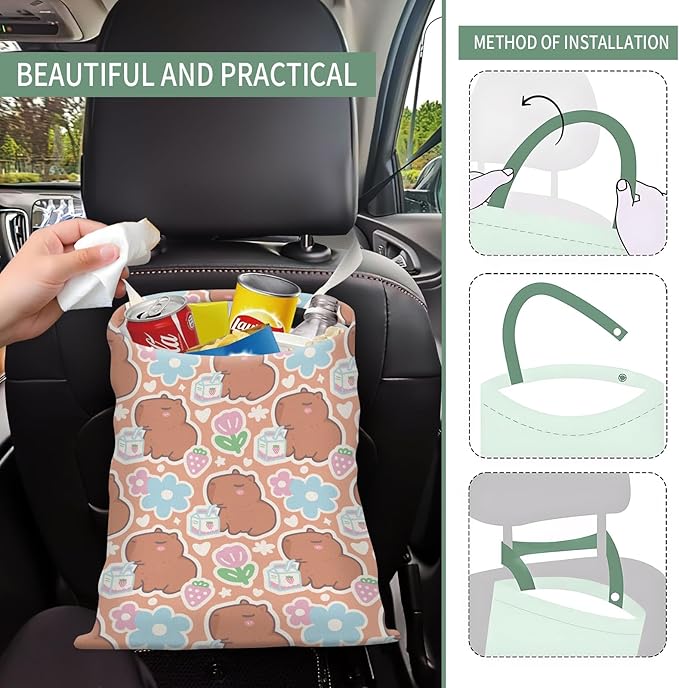 AXZOPDE Cute Car Trash Can, Hanging Canvas Car Back Seat Organizer and Storage Bag, Funny Car Trash Bag for Travelling, Outdoor Cute Brown Capybara