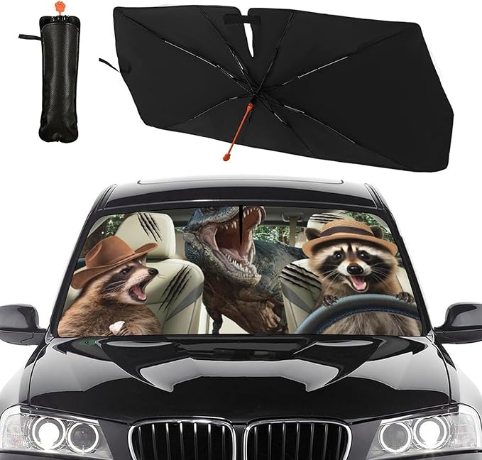 DOPINDU Funny Dinosaur Car Sunshade Umbrella for Windshield Foldable Raccoon Driving Car Sun Shade Cover with Bendable Handle Block UV Rays Sun Visor Protector Keep Vehicle Cool 57"x30"