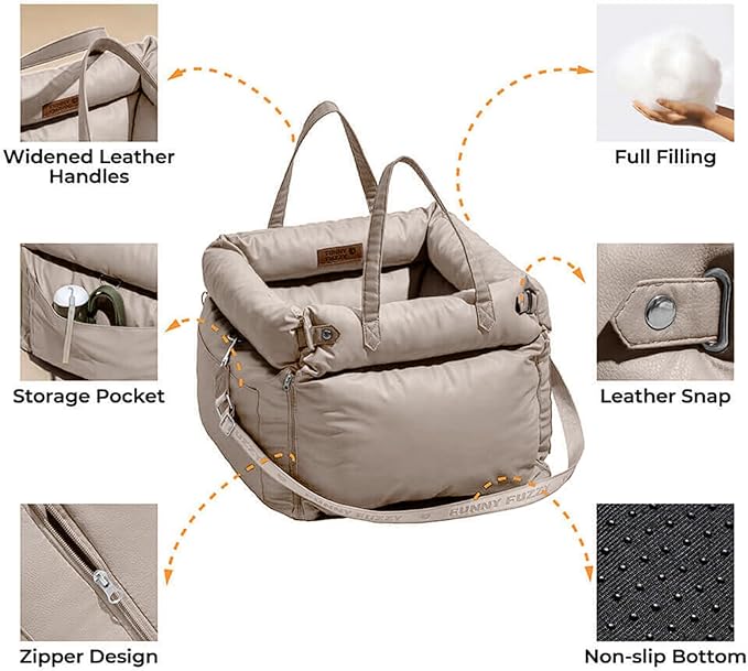 FUNNYFUZZY Leather Dog Car Seat for Small ＆ Medium Sized Dogs Up to 35lbs, Waterproof and Washable Dog Booster Seat Car Bed for Travel and Home,Portable and Safety(Beige)