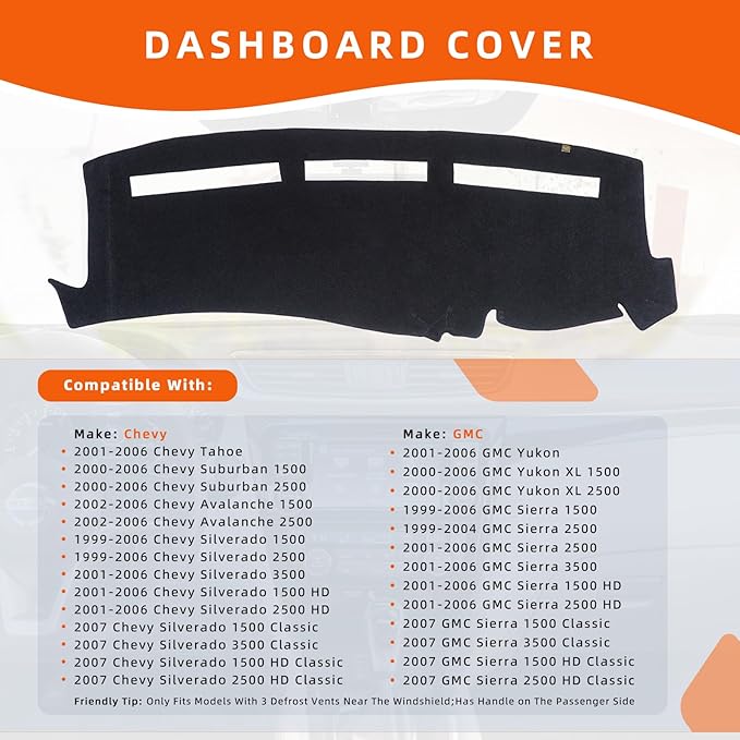 KEYOOG Dashboard Cover - Black Polyester Mat for Chevy Silverado, Avalanche, Tahoe, Sierra, Yukon (1999-2006), Custom Fit, Non-Slip, Anti-Glare