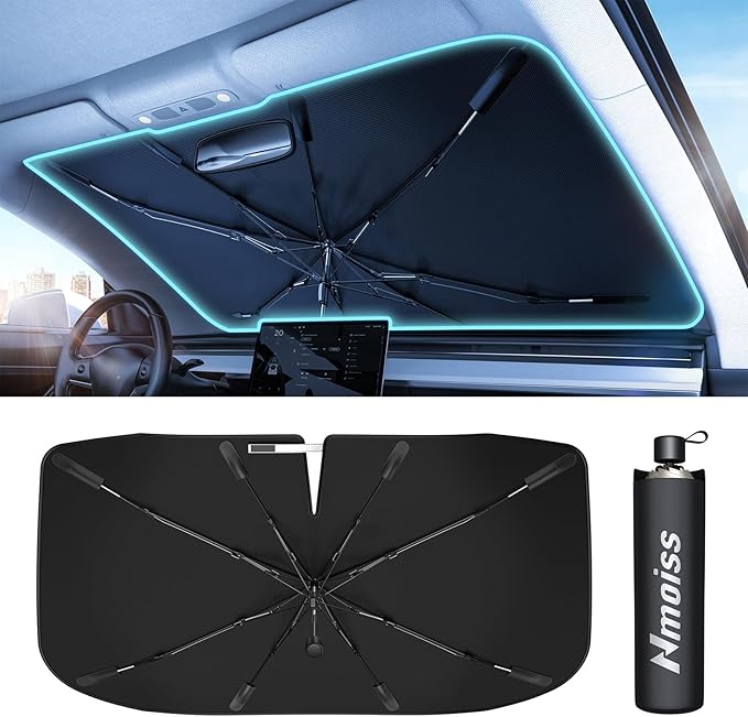 Nmoiss Windshield Sunshade Umbrella – Fit for BMW 3 Series, Premium Vinyl Coating Heat Shield, Ice Crystal Cooling Fabric, Spring Edge Design, Protect Dashboard & Interior from UV & Heat