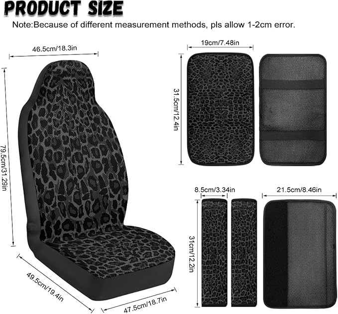 Qeluxign Leopard Print Car Seat Covers 2 Front Seats Universal Fit Center Console Protector Auto Seat Belt Cover Against Stains, Spills, Dust Car Interior Accessories 5 Piece Set