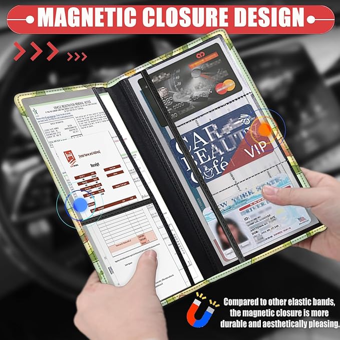 Car Registration and Insurance Card Holder for Women Men, Waterproof PU Leather Glove Box Car Organizer with Magnetic Shut, Vehicle Document Holder for Driver License,Cards, Cute Avocado Pattern