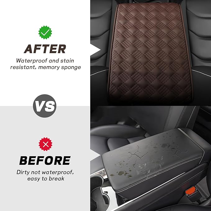 Hbxdeco Car Armrest Cushion, 12.2"×8.3" Leather Auto Memory Foam Center Console Pad with Storage Pocket, Waterproof & Anti-Scratch Elbow Pillow Armrest Seat Box Protector, Universal Fit (Coffee)