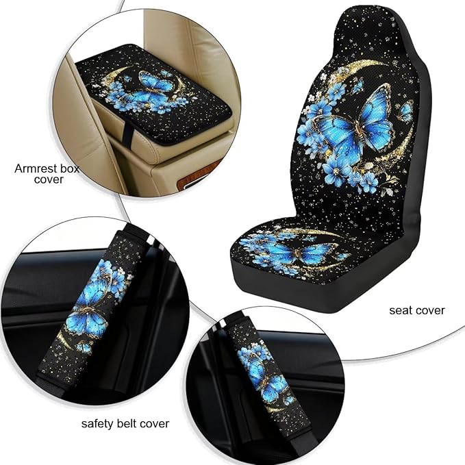 Qeluxign 5 Piece Car Accessories Set with 2 PU Leather Seat Covers, Butterfly Moon Star Floral 2 Belt Pads & 1 Armrest Cover Fit for Most Vehicles Easy Install & Clean
