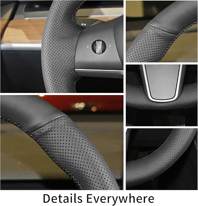 Yeolpise Hand Sewn Steering Wheel Cover,Fit for Tesla Model 3 2017-2023/Model Y 2020-2023,Non-Slip Breathable Microfiber Leather Steering Wheel Cover On Wrap Car Interior Accessories