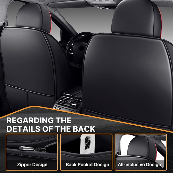 Pengchen Full Set of Universal Fit Automotive Seat Covers fit for Audi A7 2013-2025, PU Leather Automobile Interior Sets with Headrest & Back Pillow Black & Red Line
