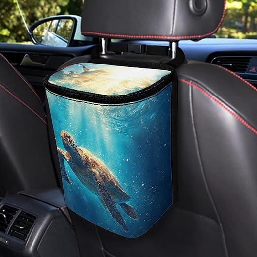 Talayituse Sea Turtle Print Car Trash Can with Lid, Leak Proof Auto Trash Bag Hanging Vehicle Garbage Can Multipurpose Storage Container for Back Seat Road Trip
