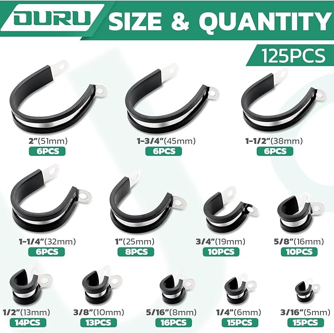 OURU 125PCS Cable Clamp,12 Sizes Stainless Steel Rubber Coated Cushioned Insulated Cable Clamps Assortment Kit-Metal Wire Clamps,Cable Clips,Pipe Clamps