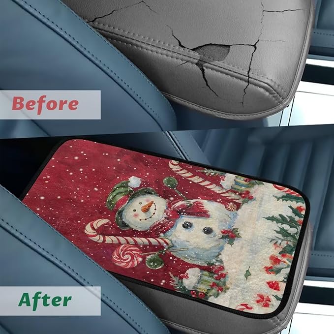 Bulopur Christmas Cute Snowman Car Center Console Cover Protector Arm Rest Car Flannel Comfortable Auto Armrest Console Accessories Universal Fit Most Cars Women Men