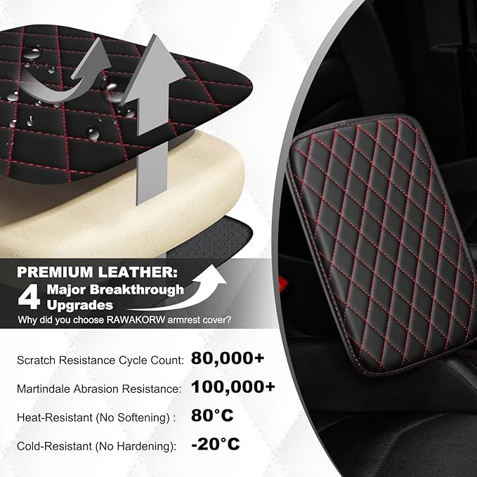 Upgraded Car Center Console Cover Fit for Land Cruiser Faux Leather Car Armrest Cover Cushion with 2 Storage Bags,Car Armrest Storage Box Interior Accessories(Black&Redline)
