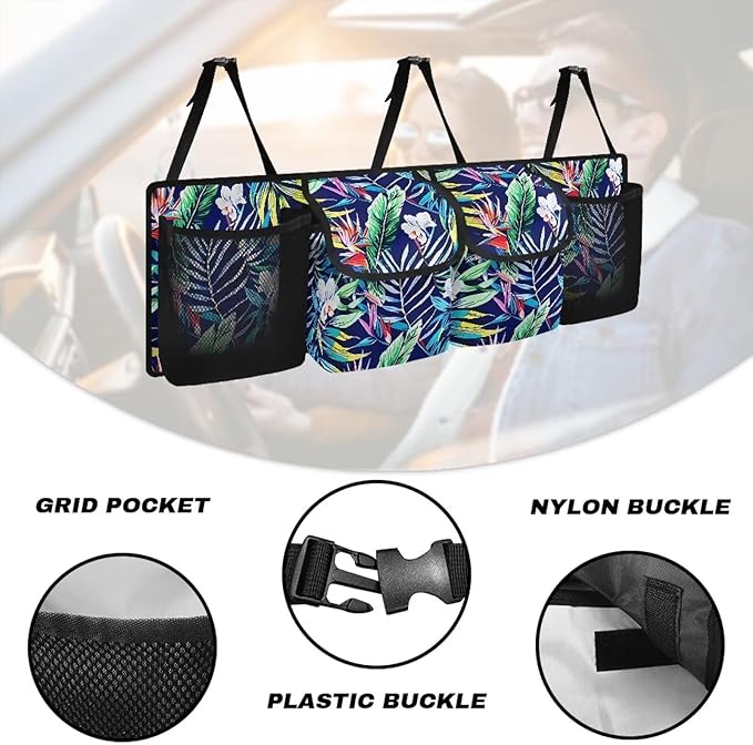 Car Storage Organizer New Version,Tropical Plant Floral Hanging Trunk Organizer with 4 Functional Storage Bags, Car Trunk Storage Bag for SUV Truck MPV VAN