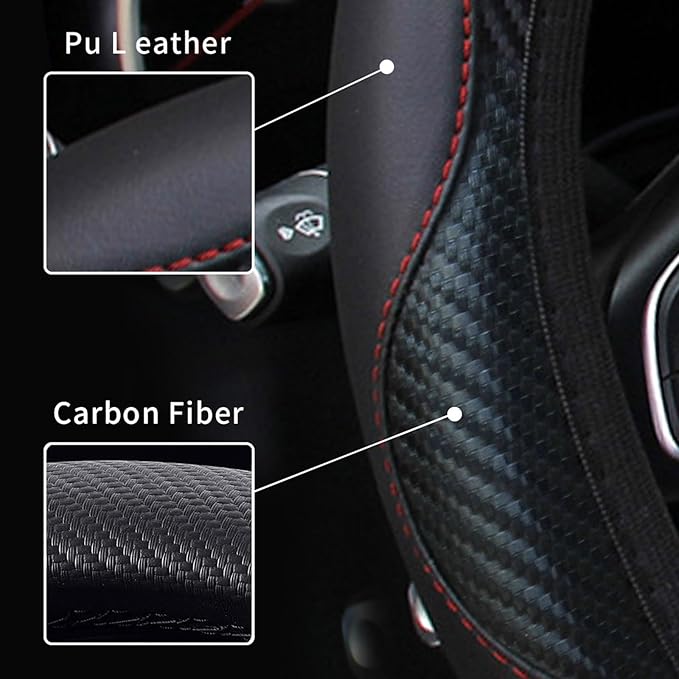 Car Steering Wheel Cover, 15 inch Carbon Fiber Microfiber PU Leather Elastic Steering Wheel Protector for Unisex, Anti-Slip Breathable Car Interior Accessories for Most Cars (Black)