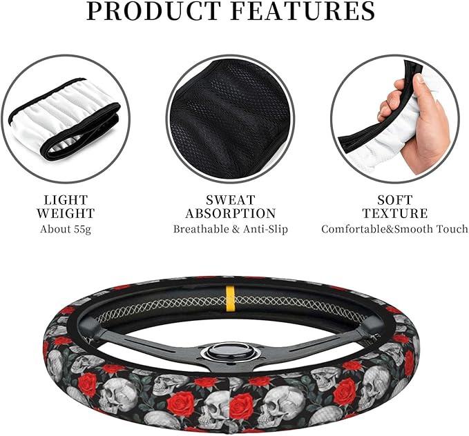 Skull Red Rose Steering Wheel Cover for Women Men Girls, Car Accessories Decor Thickened Anti-Slip Auto Steering Wheel Covers Protector Universal Fit 15 Inch for Cars, Truck, SUV