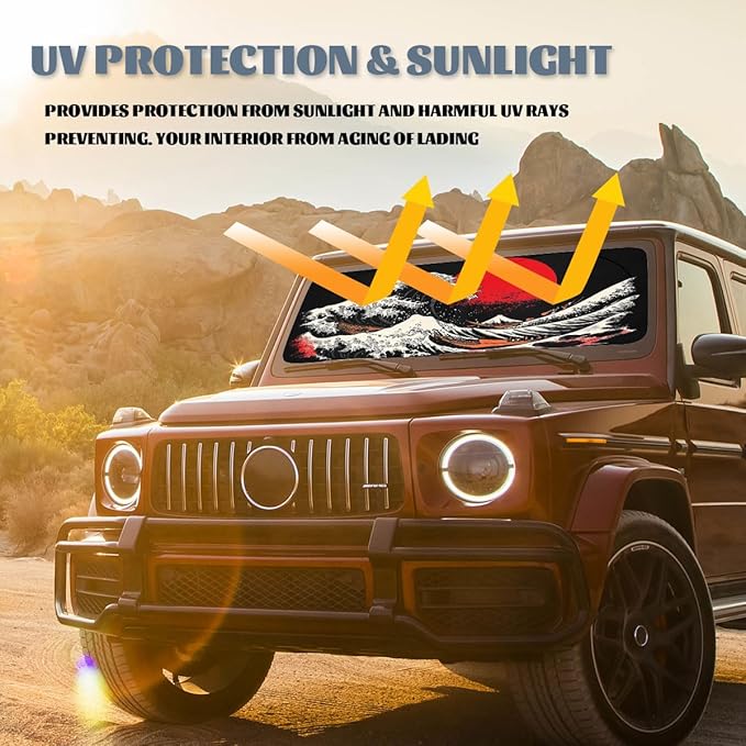 Japanese Car Window Sun Shield Ocean Waves Great Wave Red Sun Front Window Sun Shade Block UV Rays Sun Shade Visor Protector for Car Sedan Truck SUV Accessories 59" L x 31.5" W