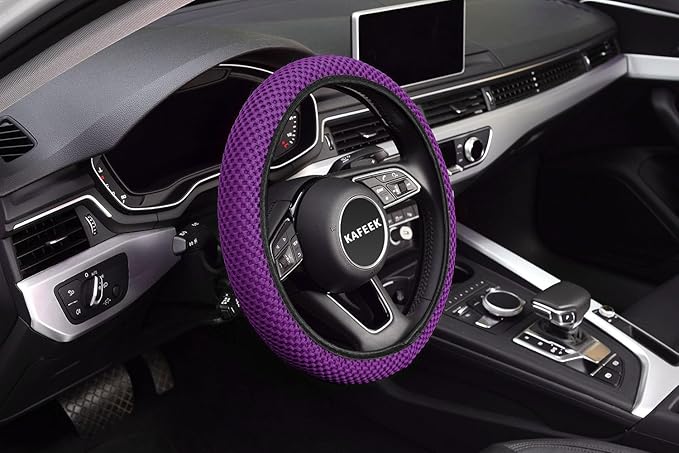KAFEEK Elastic Stretch Steering Wheel Cover 15 Inch, Breathable Ice Silk Microfiber, Non-Slip Grip, Warm in Winter and Cool in Summer, Odorless, Car Accessories Fit Cars, SUVs, Purple