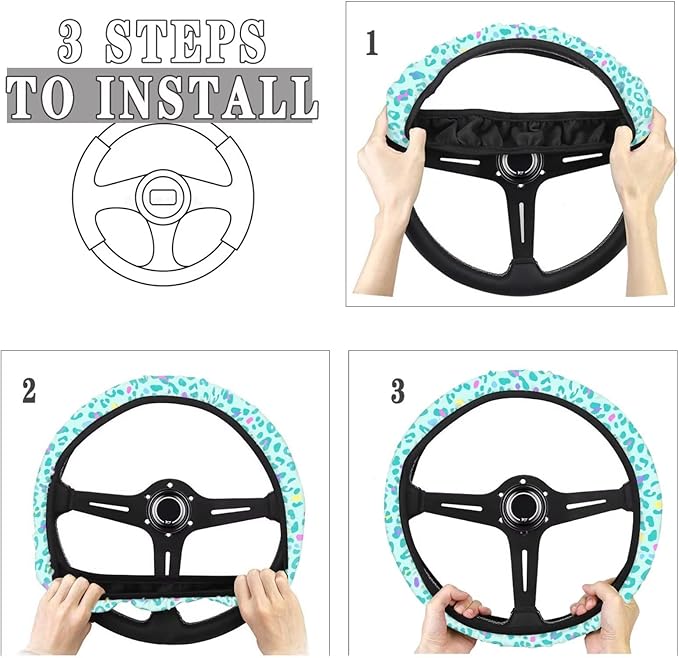 Universal Non-Slip Steering Wheel Cover, 15-inch Polyester Material Driving Accessories, Adjustable for Car and Truck(Mint Green Colorful Leopard)