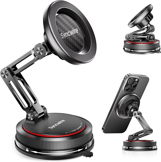 SYNCWIRE for MagSafe Car Mount [3-Axis] Nano Adhesive Gel + Strong Suction Cup Magnetic Phone Holder for Dashboard & Windshield, 360° Adjustable for iPhone 17 16 15 14 13 12, Samsung, Carbon Fiber