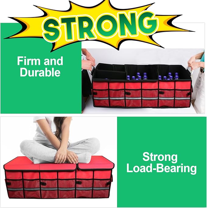 LI LIBZAKI Big Car Trunk Organizer, Cargo Organizer SUV Trunk Storage Non Slip Bottom Waterproof Collapsible Durable Multi Compartments-(Oversize,Red)