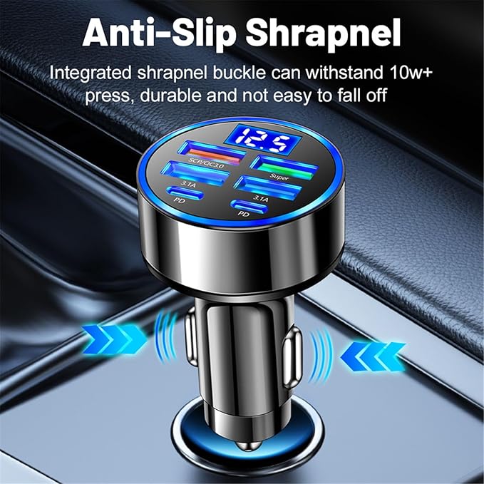 6 in 1 MultiPorts Car Charging Adapter with Digital Voltages Display USB/USB C Charging PD5V-3.1A for Fast Charging