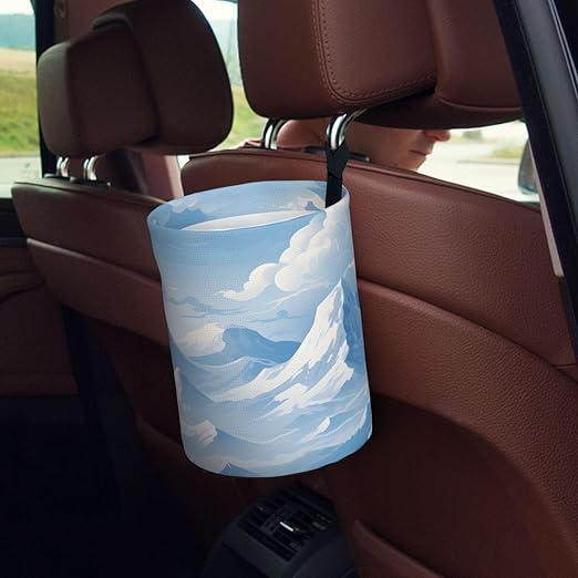 Car Trash Can Hanging, White Snow Mountain Cloud Scenery Waterproof Auto Garbage Bin Universal Vehicle Waste Container, 3.5L Capacity