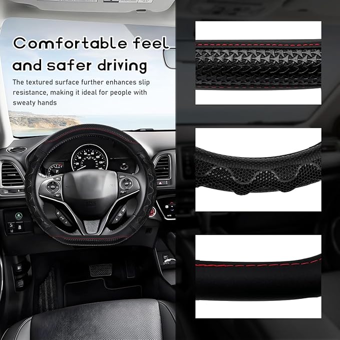 Car Steering Wheel Cover, 15 Inches 3D Honeycomb Design Car Steering Wheel Protector with Comfy Grip, Breathable Anti-Slip D-Shaped Steering Wheel Sleeve for Most Vehicles (Black)