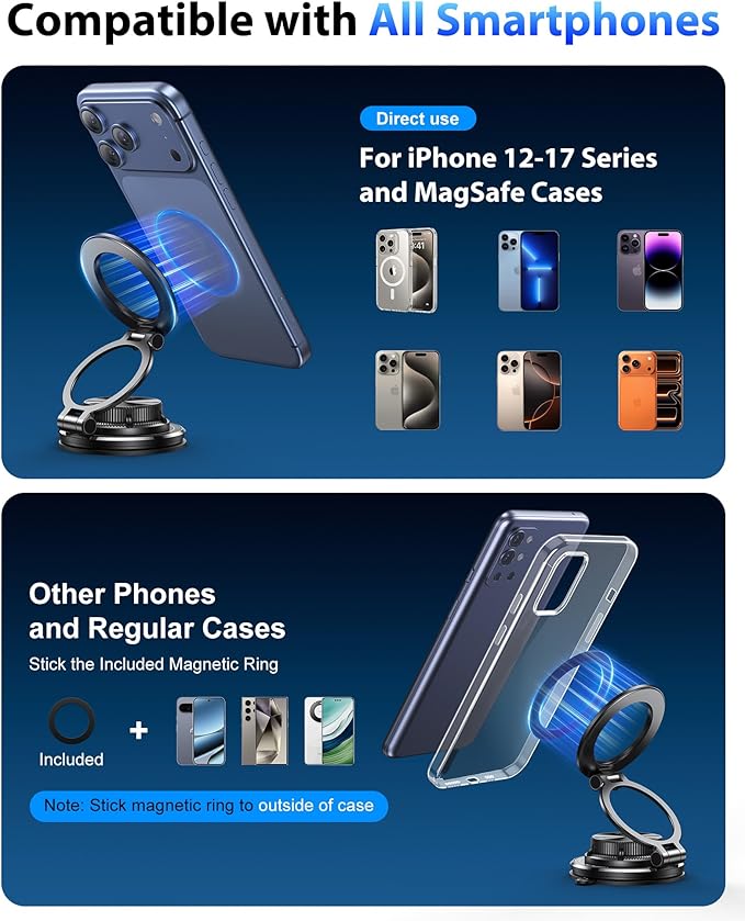 Otemly Ultra-Thin Vacuum Gel Magnetic Phone Holder for Car, [95LBS Max Suction] 360° Adjustable [All Zinc-Alloy] Cell Phone Car Mount for MagSafe, Fit for iPhone 17 Pro Max/16/15/14/13/12 & Android
